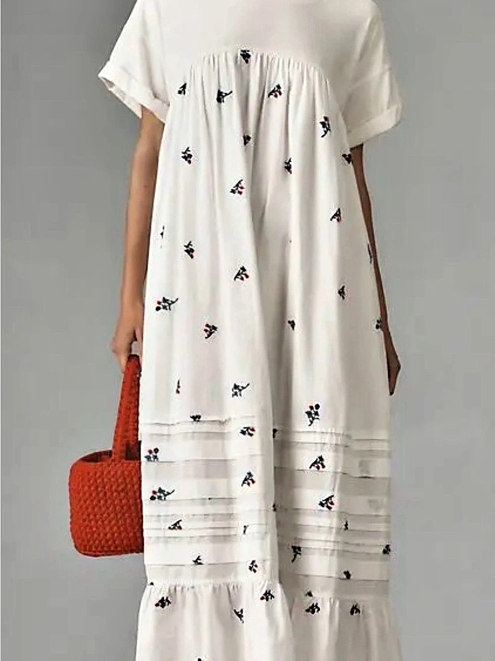 PILCRO Short-Sleeve T-Shirt Midi Dress White Embroidered Xxs Xs Small Medium